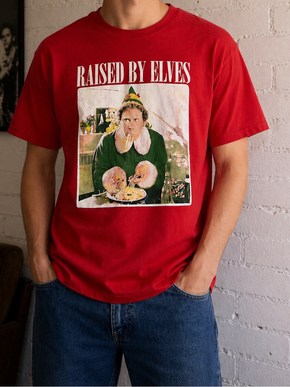 Elf Movie Mens L Raised By Elves Red T Shirt Buddy Holiday Christmas